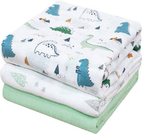 PHF 100% Cotton Baby Muslin Swaddle Blankets, 3 Pack Super Soft Breathable Comfy Baby Swaddle Wrap Set Dinosaur/Woodland/Green