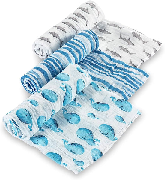 LollyBanks Swaddle Blanket | 100% Muslin Cotton | Newborn and Baby Nursery Essentials for Boys, Registry | Ocean Shark and Whale 3 Pack