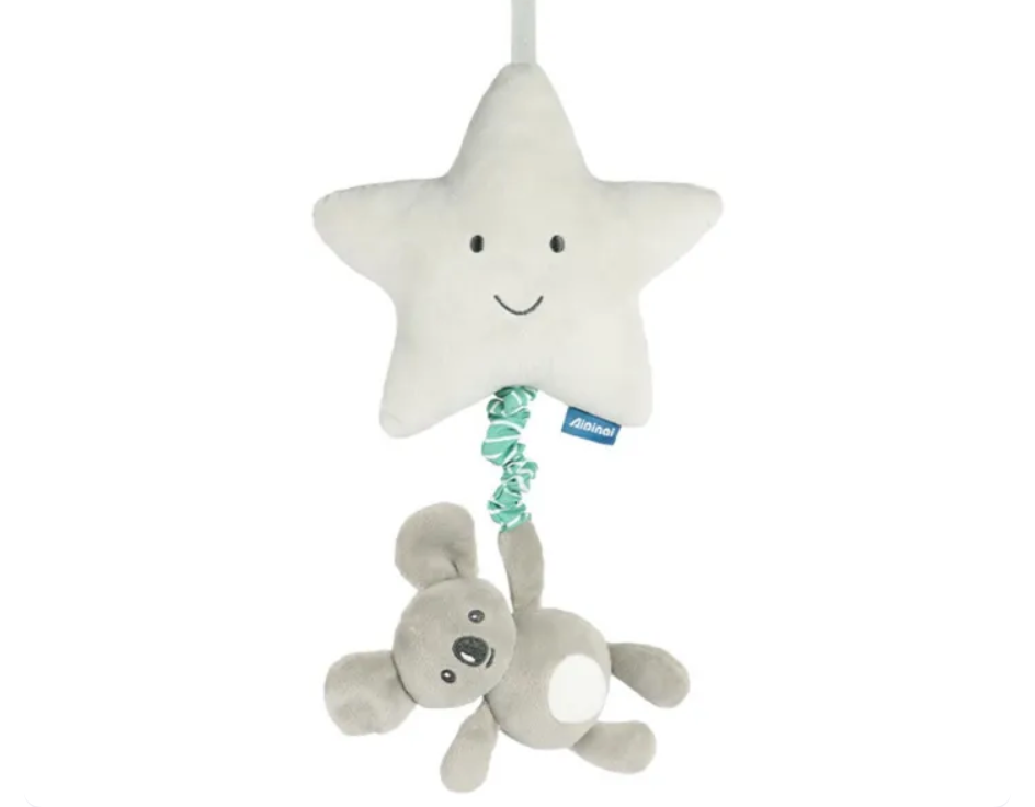 Star-shaped plush toy with a hanging teddy bear on a white background