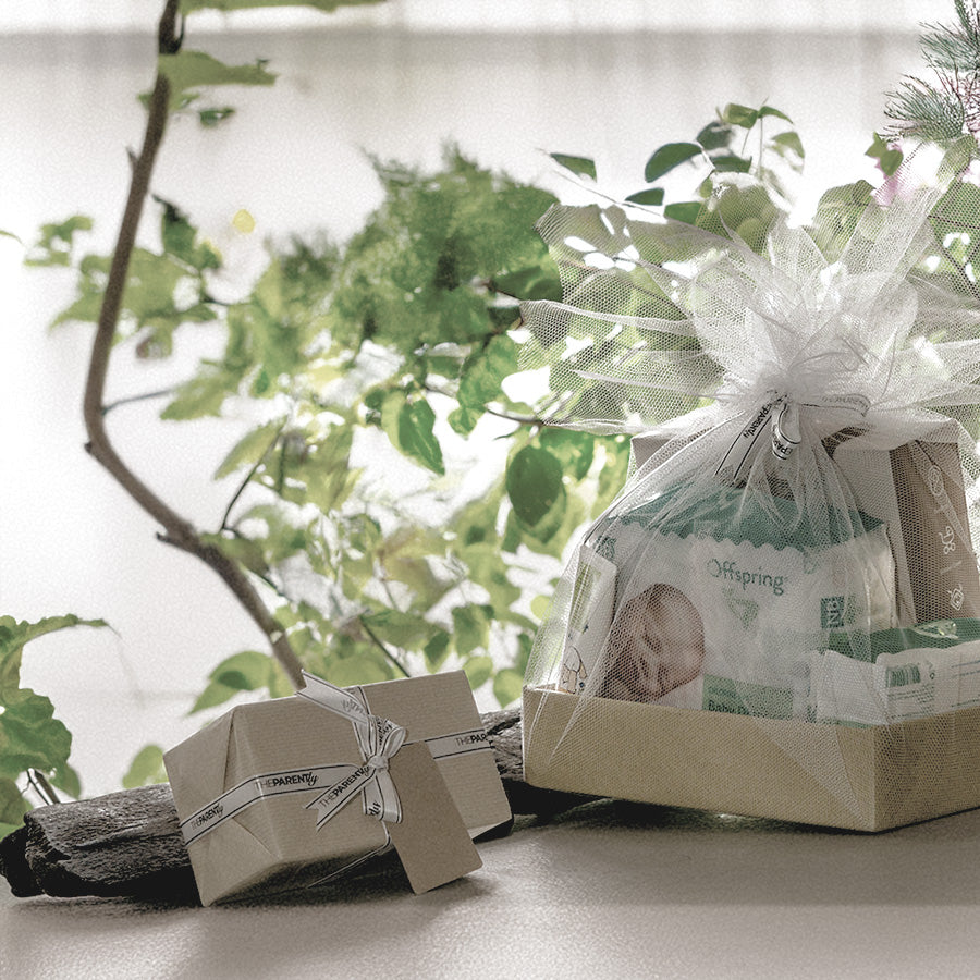 Two gift boxes with ribbons on a surface with greenery in the background