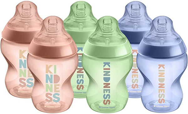 Tommee Tippee Closer to Nature Baby Bottles, Slow-Flow Breast-Like Teat with Anti-Colic Valve, 260ml, Pack of 6, Be Kind Multicoloured