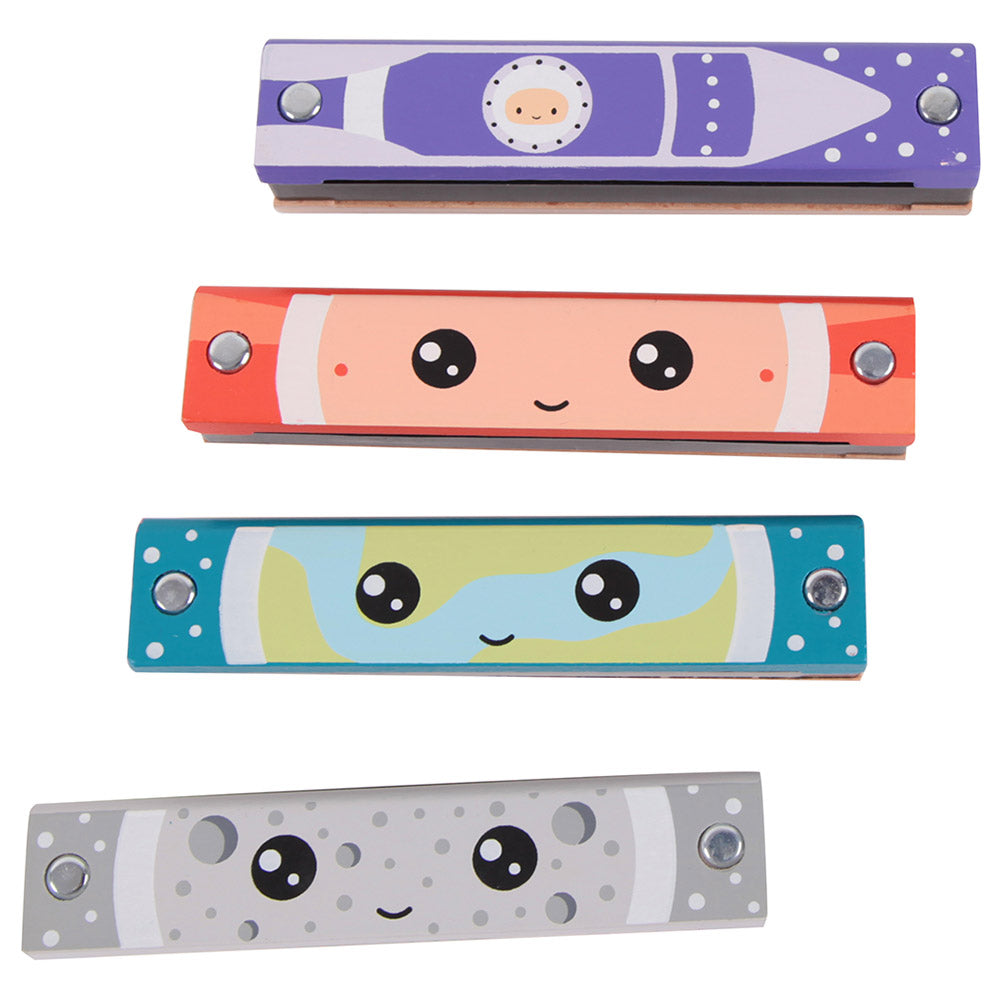 A set of four colorful children's harmonicas with cute face designs on the tops.